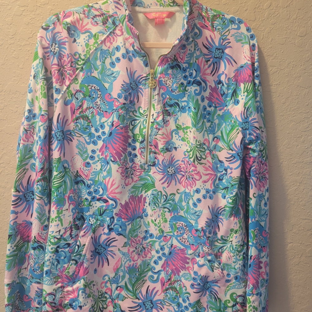 Lilly Pulitzer Pink Blue Green Floral Half-Zip Pullover